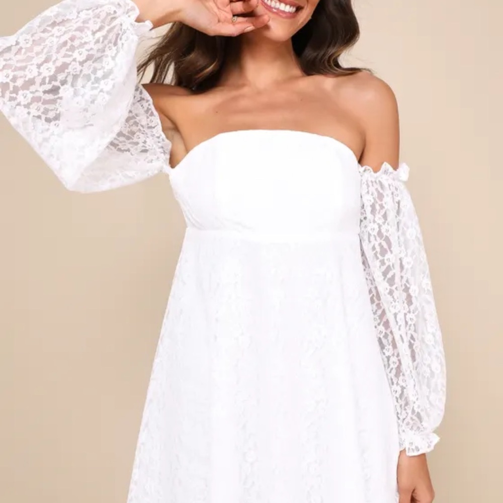 Lulus Adorable Muse White Lace Long Sleeve Smocked Bodice Off-The-Shoulder Dress